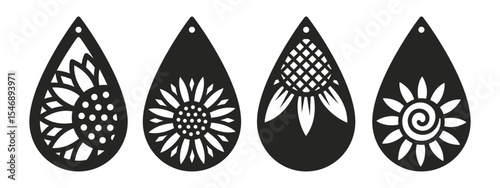 Set of vector designs with sunflower for teardrop earrings, pendant or keychain. Floral jewelry silhouette cutting template. Cnc Laser cut with metal, wood or leather. Botanical stencil