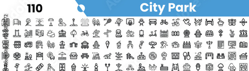 A collection of black and white icons representing various features of a city park, from recreational activities to natural elements.