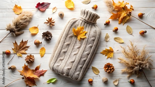 Cozy autumn scene: Knit hot water bottle surrounded by fall leaves, pine cones, and pampas grass on white wood.