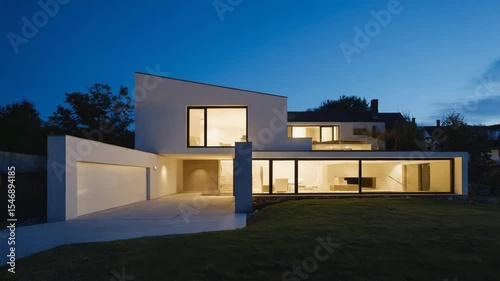 Modern Minimalist White House with Large Windows and Garage at Twilight with Interior Lights On