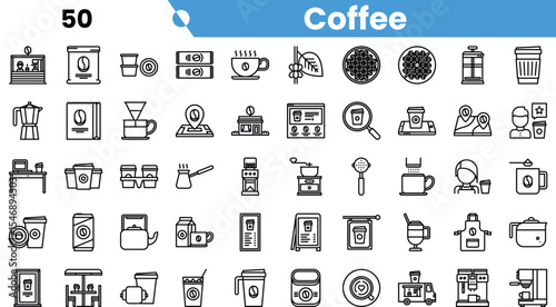 A diverse collection of coffee-themed icons showcasing various brewing methods and coffee-related items.