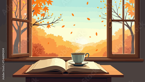 Open book and coffee cup on table by autumn window view with colorful trees and falling leaves, evoking calm cozy vibes.
