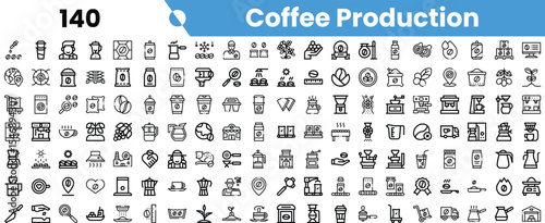 A diverse collection of black-and-white icons representing various aspects of coffee production, from farming to brewing.