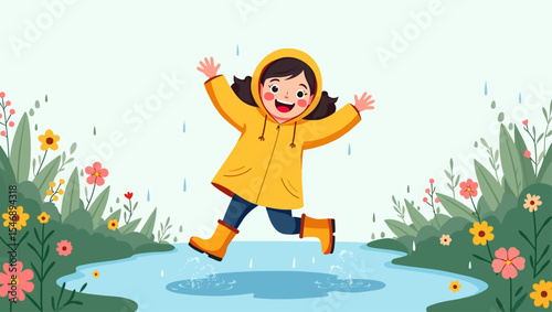 Happy cartoon girl in yellow raincoat jumping in puddle on a rainy day, surrounded by flowers and greenery.