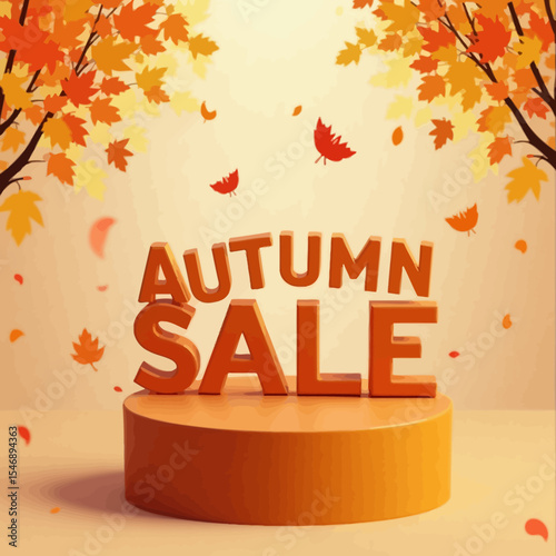 Autumn sale promotional scene with bright orange podium and falling leaves, perfect for seasonal shopping advertisements.