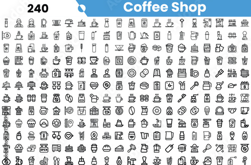 A diverse collection of coffee shop icons, including cups, beans, and brewing equipment, perfect for showcasing coffee culture.