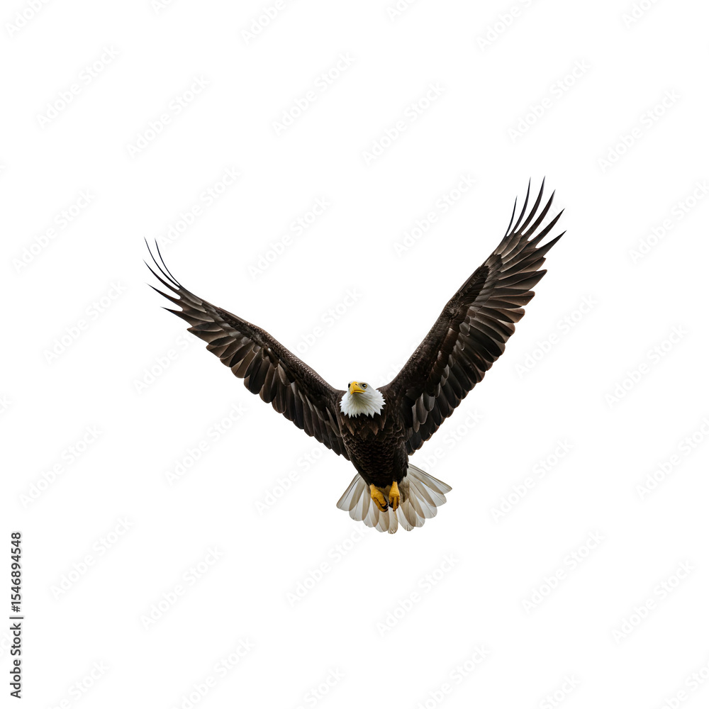 Obraz premium Majestic Bald Eagle Spreading Its Wings in Flight Against a White Background