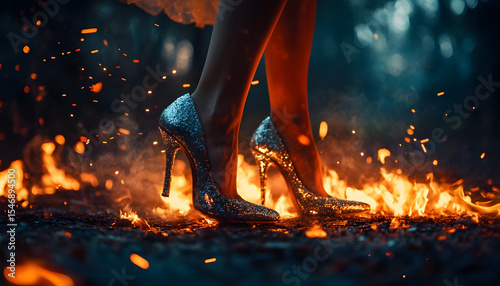 Woman with sparkling high heels walking on fire in a dark and cinematic scene, creating a dramatic and magical atmosphere with embers and flames