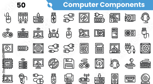 A collection of computer component icons featuring various devices like mice, keyboards, monitors, and USB connections in a minimalist design.