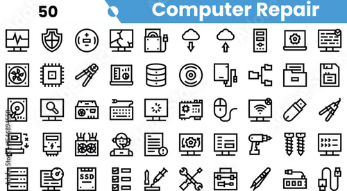 A collection of minimalistic icons representing computer repair, showcasing tools, components, and technology themes.