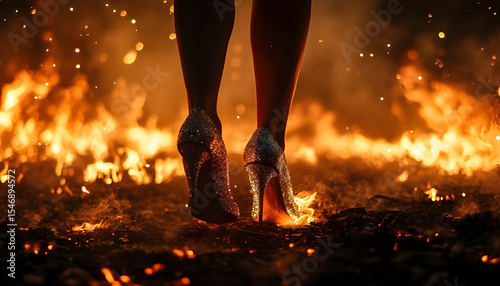 Woman with sparkling high heels walking on fire in a dark and cinematic scene, creating a dramatic and magical atmosphere with embers and flames