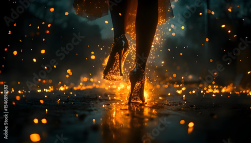Woman with sparkling high heels walking on fire in a dark and cinematic scene, creating a dramatic and magical atmosphere with embers and flames