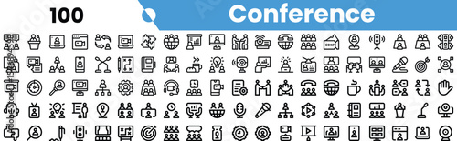 A collection of simple line icons representing various aspects of a conference, including speakers, audience, and presentation elements.