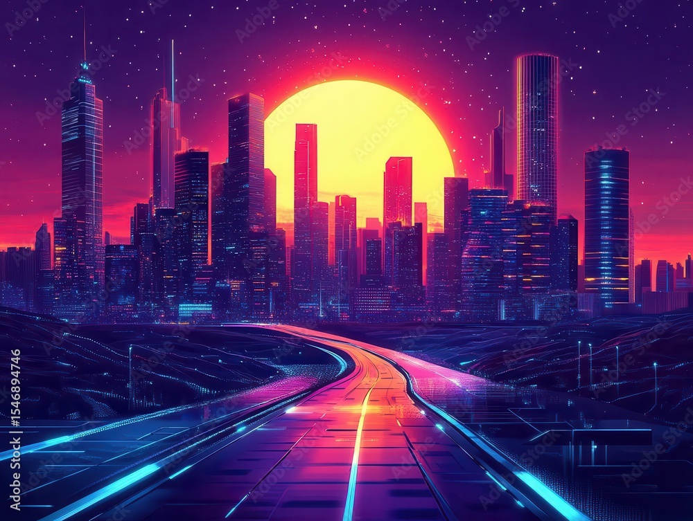 Fototapeta premium Scenic travel destinations in futuristic setting, neonlit skyline, high contrast, detailed landscape
