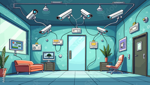 Cartoon surveillance control room with multiple security cameras on ceiling and monitors, perfect for tech and safety visuals.