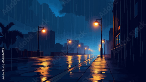 Night city street under heavy rain with reflections on the wet pavement and glowing street lights, evoking a moody cinematic feel.