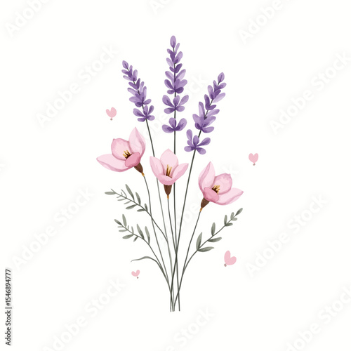  Watercolor-style vector bouquet of lavender and pink flowers with butterflies and hearts, evoking softness and romantic vibes.