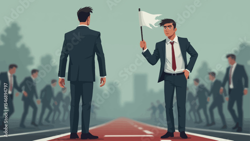  Businessman holding white flag in surrender on a race track, symbolizing failure, competition, and pressure in corporate life.
