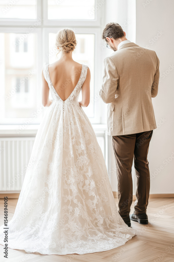 Naklejka premium Bride in a white lace gown and a man in suit stand by a window. Wedding couple in elegant outfits