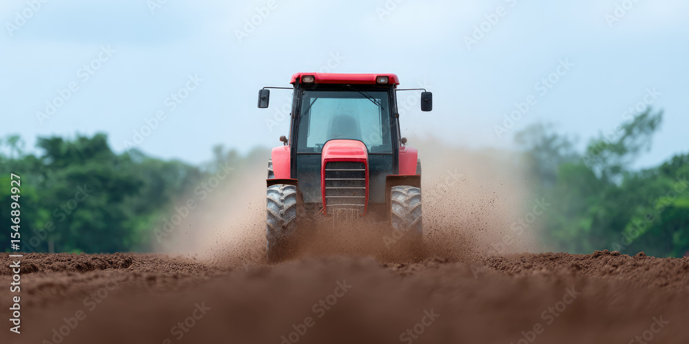 Fototapeta premium Red tractor moves across a plowed field, kicking up dust as it works. Agriculture and farming machinery in action