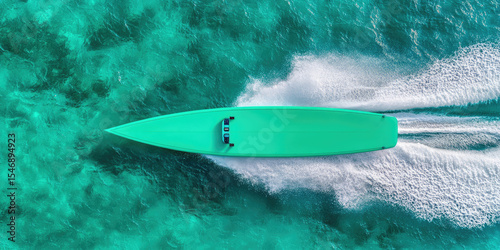 A sleek, green speedboat moves quickly across a turquoise ocean, leaving a trail in its wake 