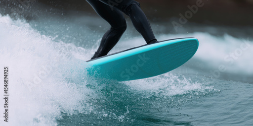 A person in a wetsuit is surfing on a turquoise surfboard, riding a wave. Surfing action and adventure in the ocean
