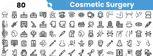 A collection of outlined icons representing cosmetic surgery procedures, including face, body, and aesthetic treatments.