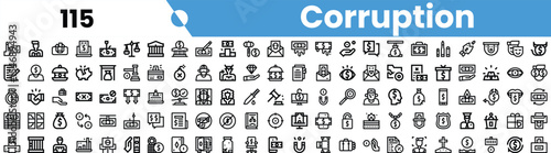 A collection of icons representing various aspects of corruption, including finance, government, and legal themes in clean, minimalist style.