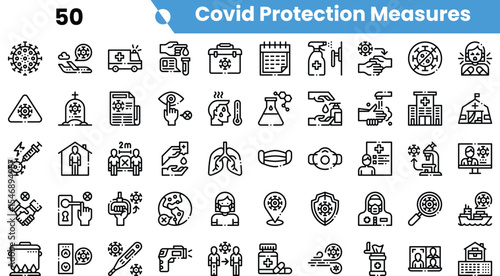 A collection of diverse icons representing various COVID protection measures, featuring health care, hygiene, and vaccination themes.