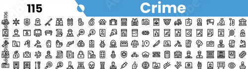 A collection of monochrome crime-related icons, featuring symbols of law enforcement, investigation tools, and criminal activities.