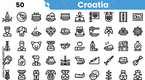 A diverse collection of minimalist icons representing Croatian culture, food, and traditions, showcasing a blend of history and modern design.