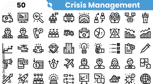 A collection of minimalist icons representing various aspects of crisis management, showcasing teamwork and strategy in times of need.