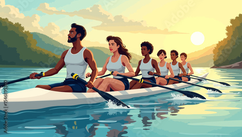 Team of rowers paddling together in a boat on calm river at sunset, symbolizing teamwork and synchronization.