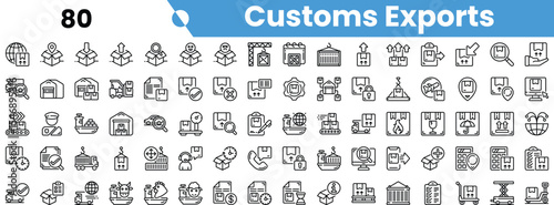 A collection of line icons representing customs exports, showcasing various logistics and trade-related symbols.