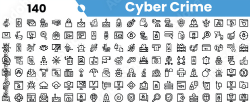 A diverse collection of cyber crime icons depicting various security threats and protective measures.
