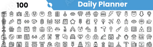 A diverse collection of icons for daily planners featuring various themes including food, celebrations, and activities.