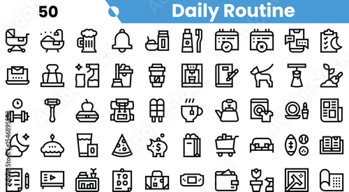 A collection of minimalistic icons representing various elements of a daily routine, including fitness, work, and leisure activities.