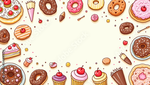  Colorful border of hand-drawn sweets including donuts, cupcakes, cakes, ice creams and candies in flat cartoon vector style.