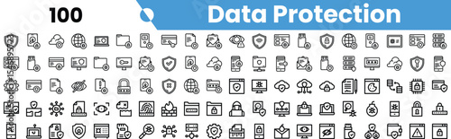 A collection of monochrome icons representing data protection, including secure storage, encryption, and cybersecurity.