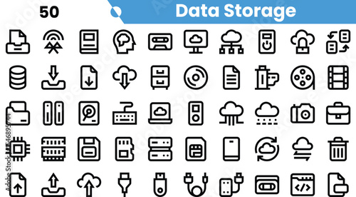 A collection of diverse data storage icons, showcasing various technologies and concepts in a minimalist style.
