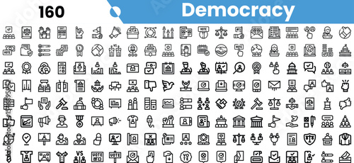 A diverse collection of icons representing democracy and civic engagement, highlighting voting, parliament, community, and justice themes.