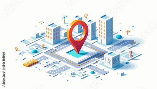  3D isometric city map illustration with red location pin and urban buildings, roads, and vehicles.