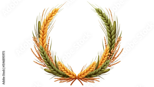 Decorative wheat and grain wreath arranged in a semi-circle, ideal for harvest and organic themed designs.