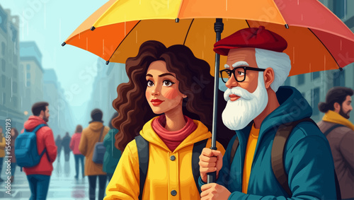  Young woman and elderly man sharing colorful umbrella on rainy city street, showing care and connection in cozy autumn urban setting.