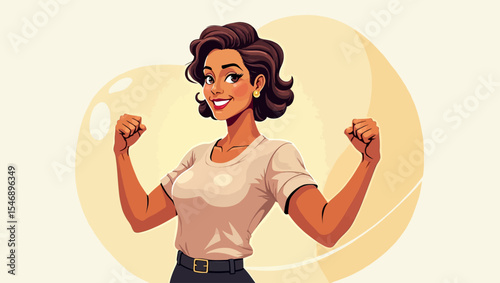 nfident cartoon woman showing strength with both arms flexed and smiling—perfect for empowerment, feminism, or motivation themes.