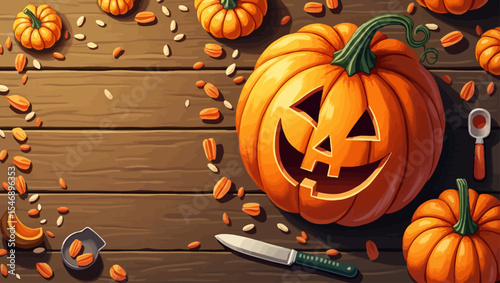  Carved jack-o'-lantern with pumpkin seeds and tools on wooden table, showing Halloween pumpkin carving scene in a cozy autumn setting.