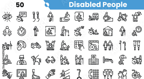 A diverse collection of icons representing disabled individuals and accessibility, showcasing various activities and support systems.