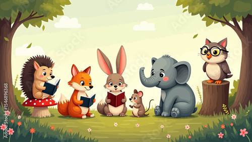 Cute woodland animals like rabbit, fox, elephant, and owl reading books together in a forest clearing, ideal for kids’ stories or education.
