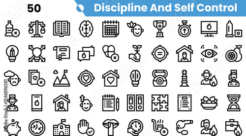 A diverse collection of minimalistic icons representing discipline and self-control, including symbols of motivation, achievement, and time management.