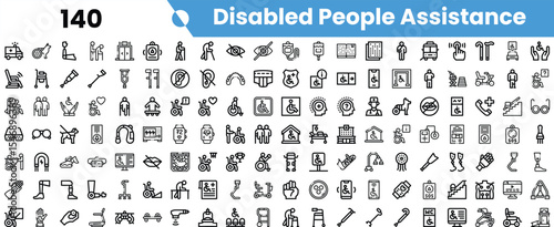 A diverse collection of icons representing assistance for disabled individuals, featuring mobility aids, support services, and adaptive technologies.